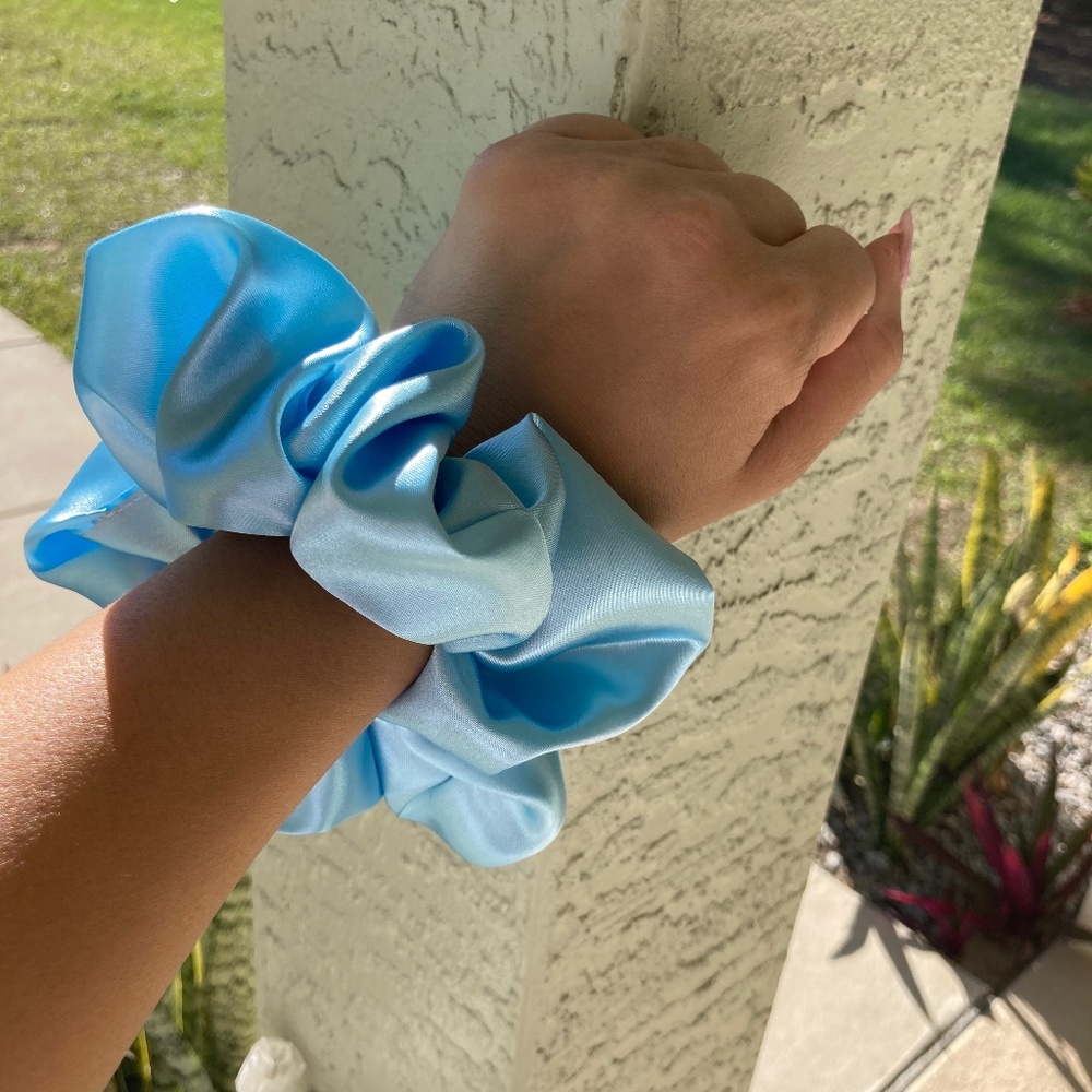 3 Satin Handmade Baby Blue Scrunchies
